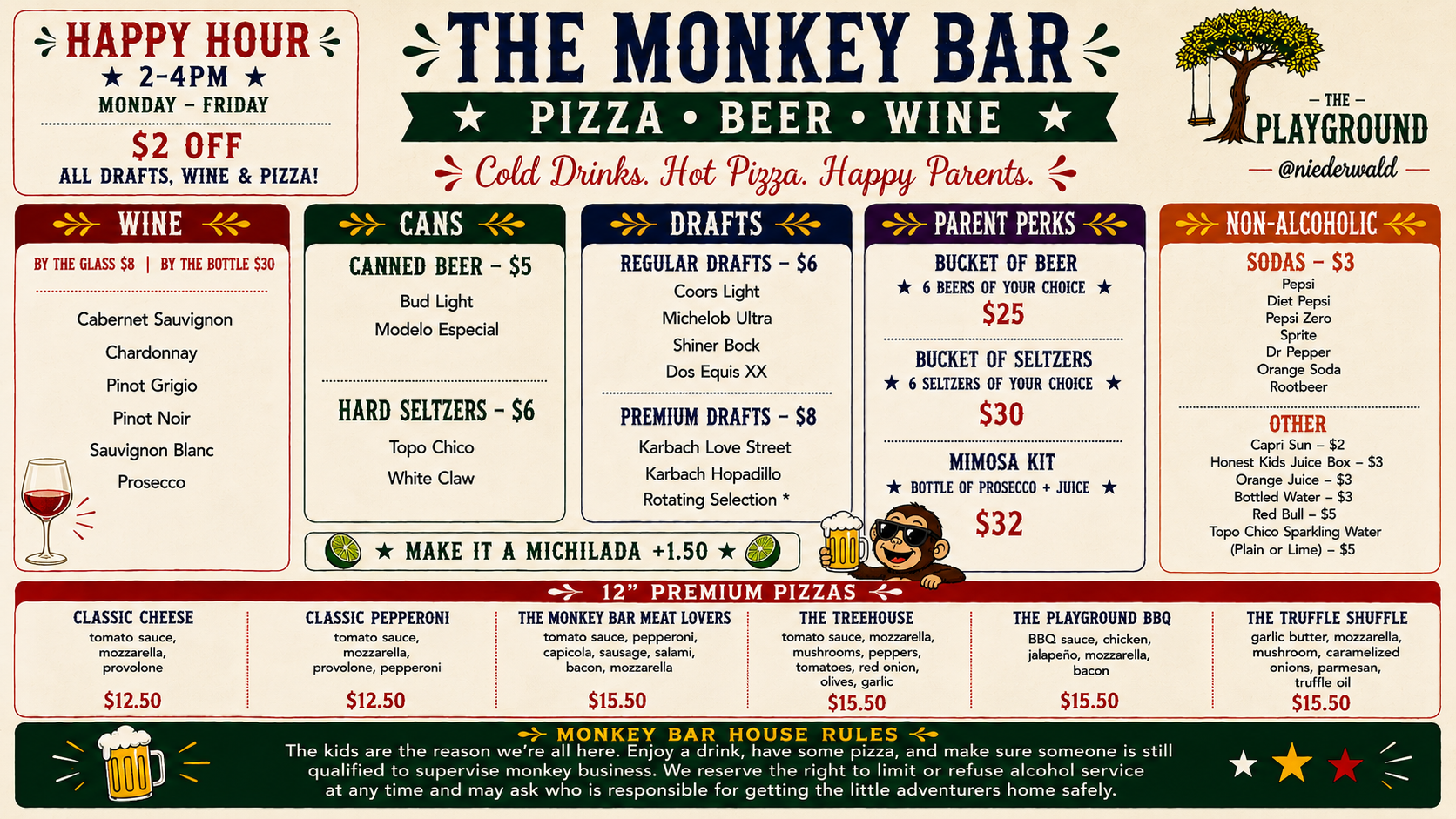 The Monkey Bar- Booze and Pizza menu at The Playground @niederwald