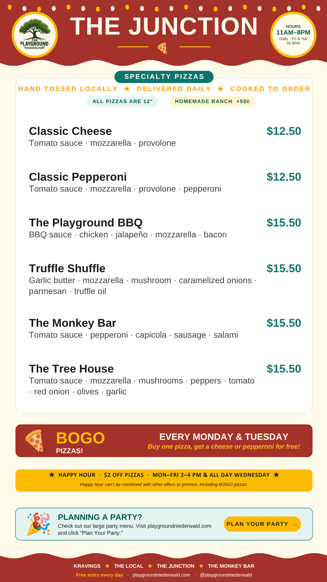 The Junction- Pizza & Breakfast Tacos menu at The Playground @niederwald