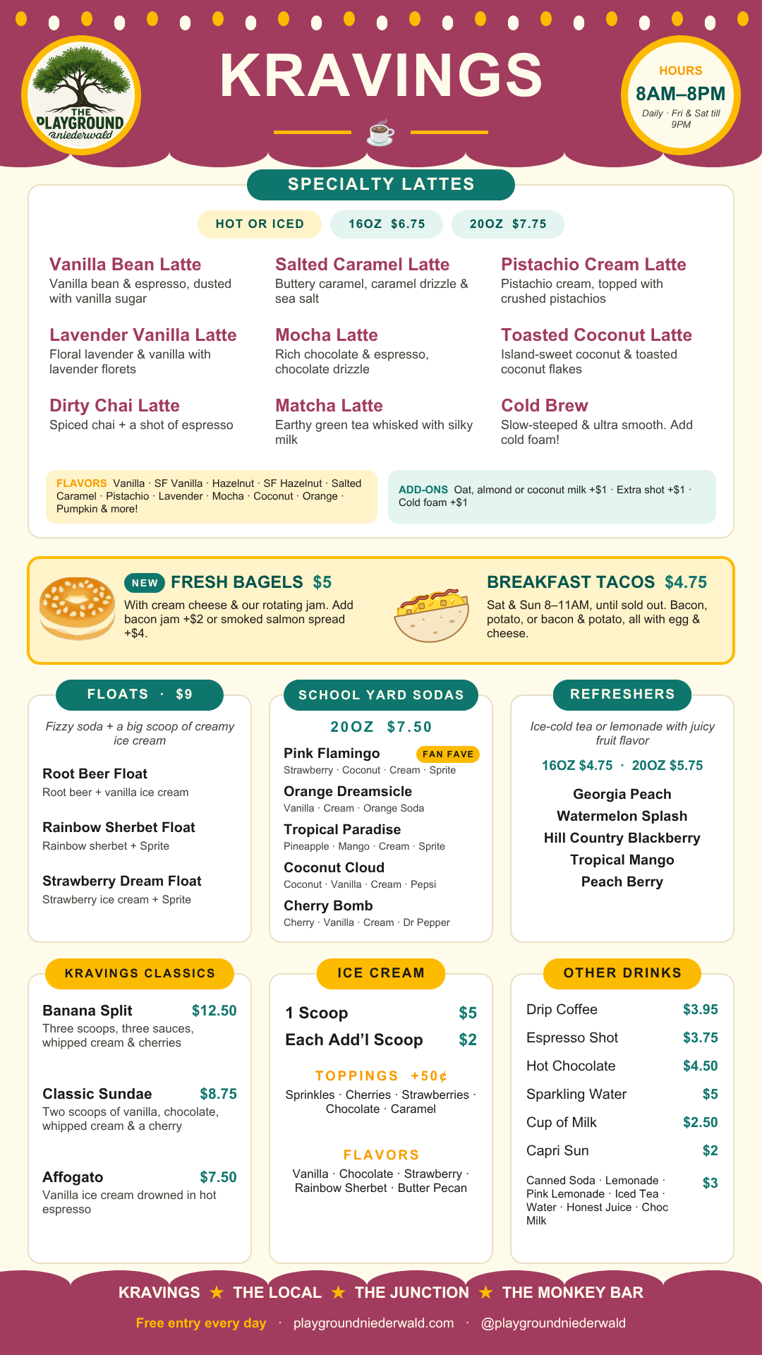 Kravings- Coffee, Sweets and Treats menu at The Playground @niederwald