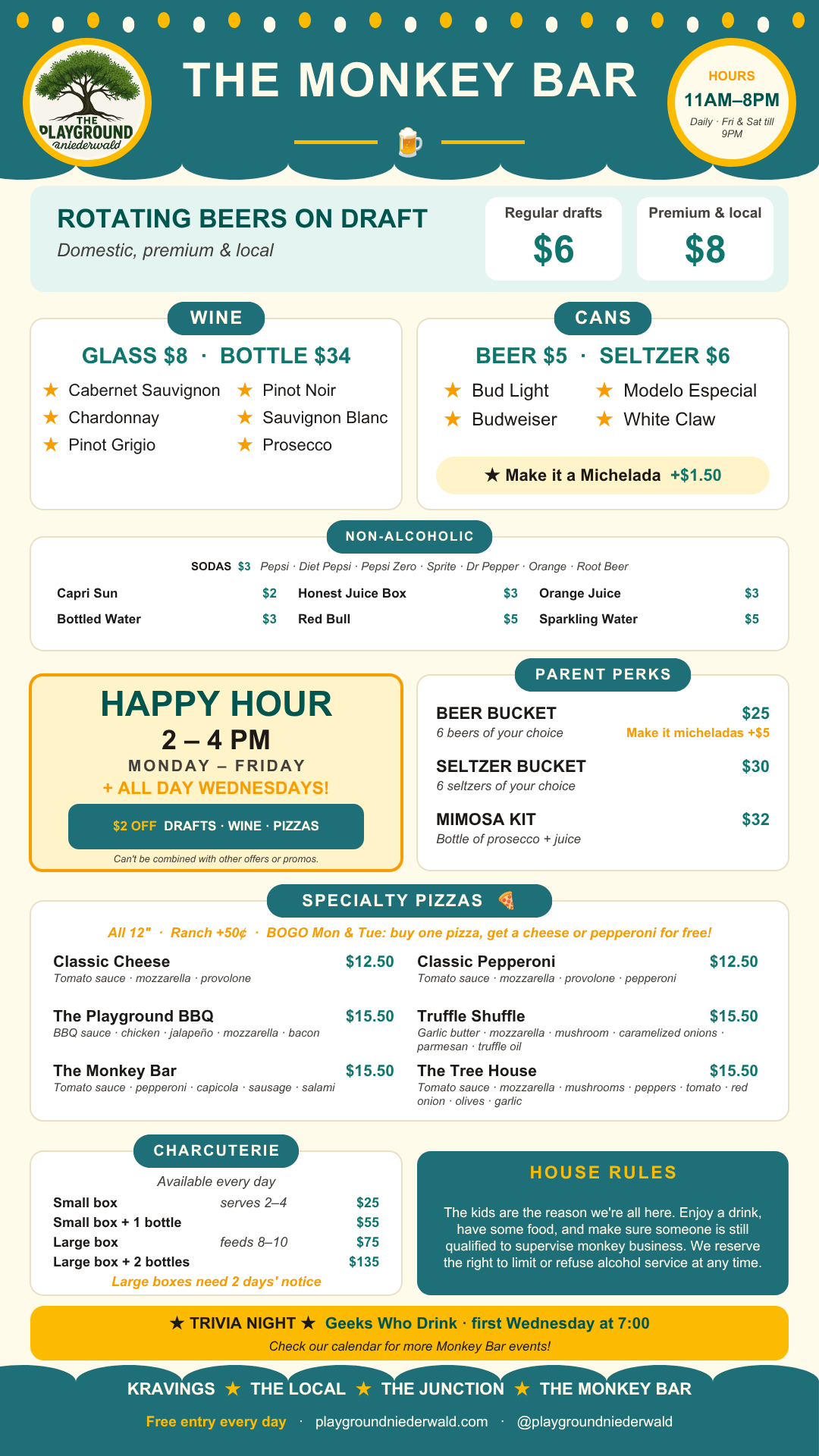 The Monkey Bar- Booze and Pizza menu at The Playground @niederwald